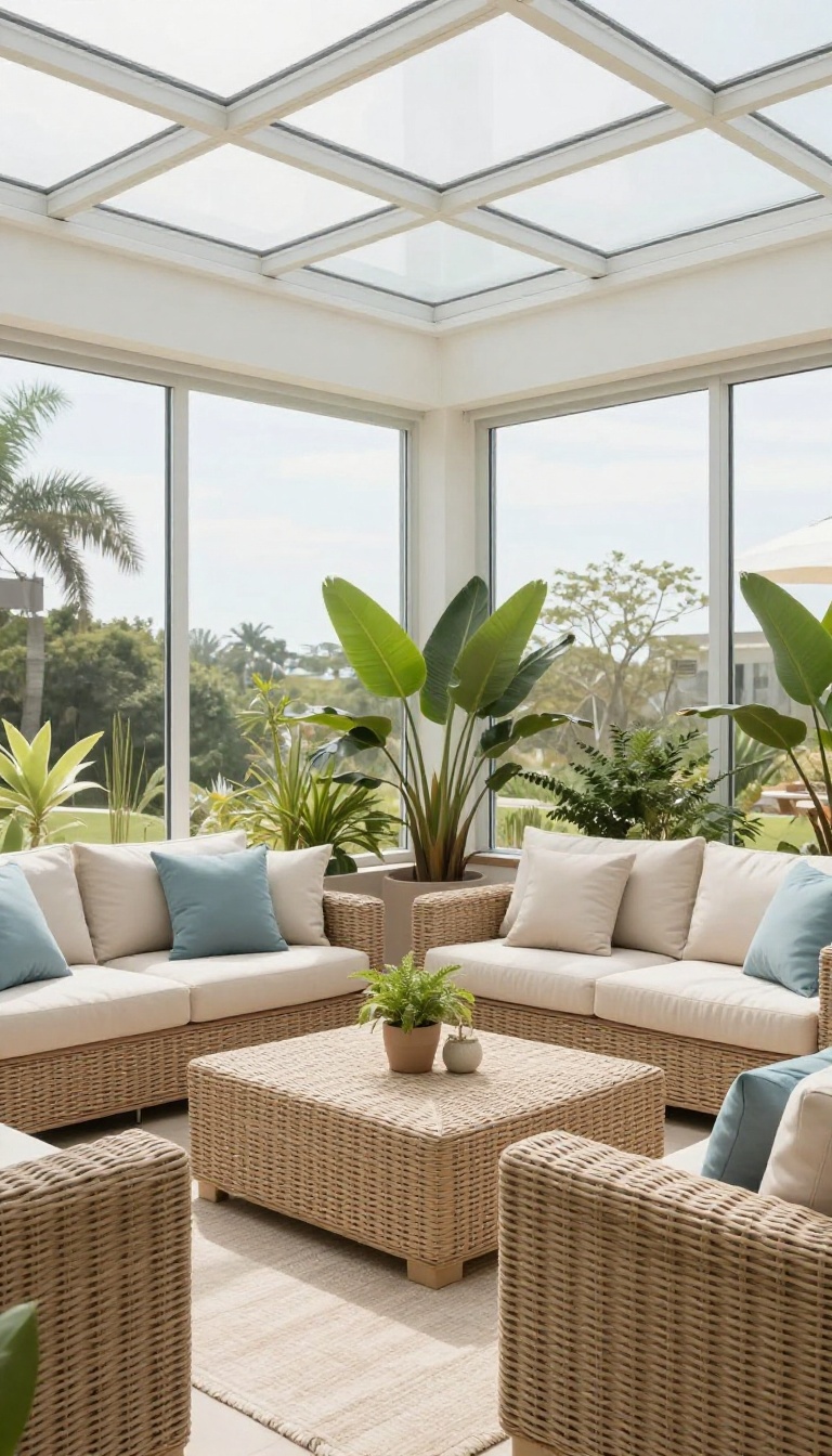 Enclosed patio with all-weather wicker furniture and cushions, natural light, cozy seating area