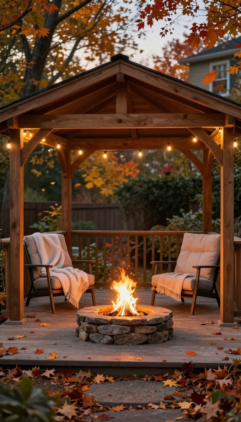 Cozy backyard gazebo with a glowing fire pit, lounge chairs, and warm string lights on a cool autumn evening