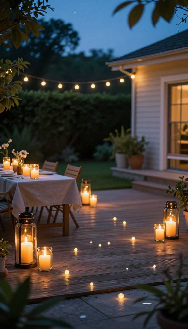 Backyard patio at dusk glowing with battery-operated candles in lanterns and mason jars plus LED balloons for a stylish adult late-night party