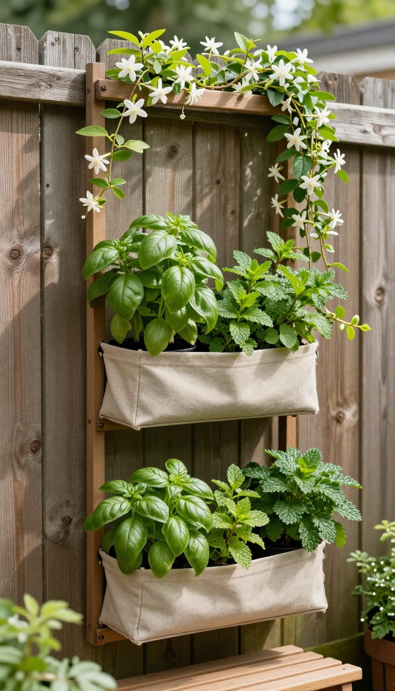 Vertical garden with pocket planters full of herbs mounted on a wooden fence in a narrow backyard