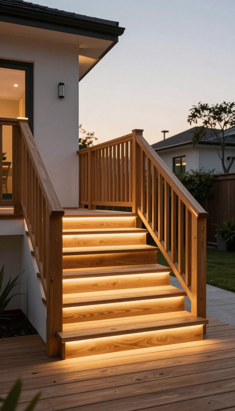 Warm step and deck lighting glowing along wooden stairs and deck edges in a backyard at dusk