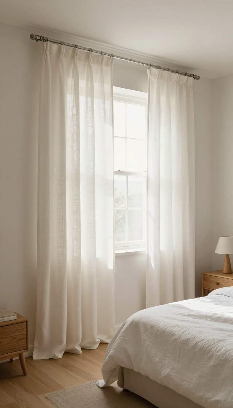 Small bright bedroom with floor-length curtains hung high and wide below the ceiling to make the room feel taller and more open