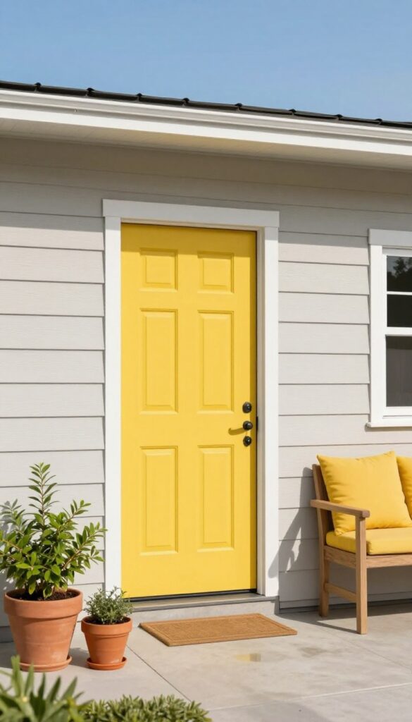 A front patio with a bold mustard yellow door and matching cushions on a bench, flanked by potted plants, under bright sunlight.