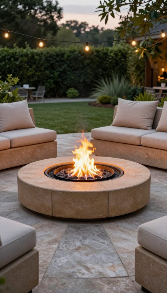 A budget-friendly paver fire pit area with a warm, resort-like ambiance in a backyard patio setting.