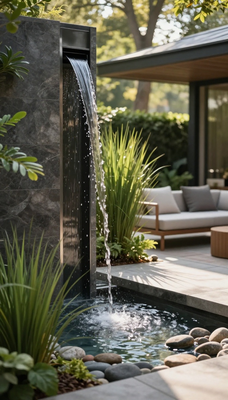 Modern patio with a tall water wall providing privacy, surrounded by plants and outdoor furniture