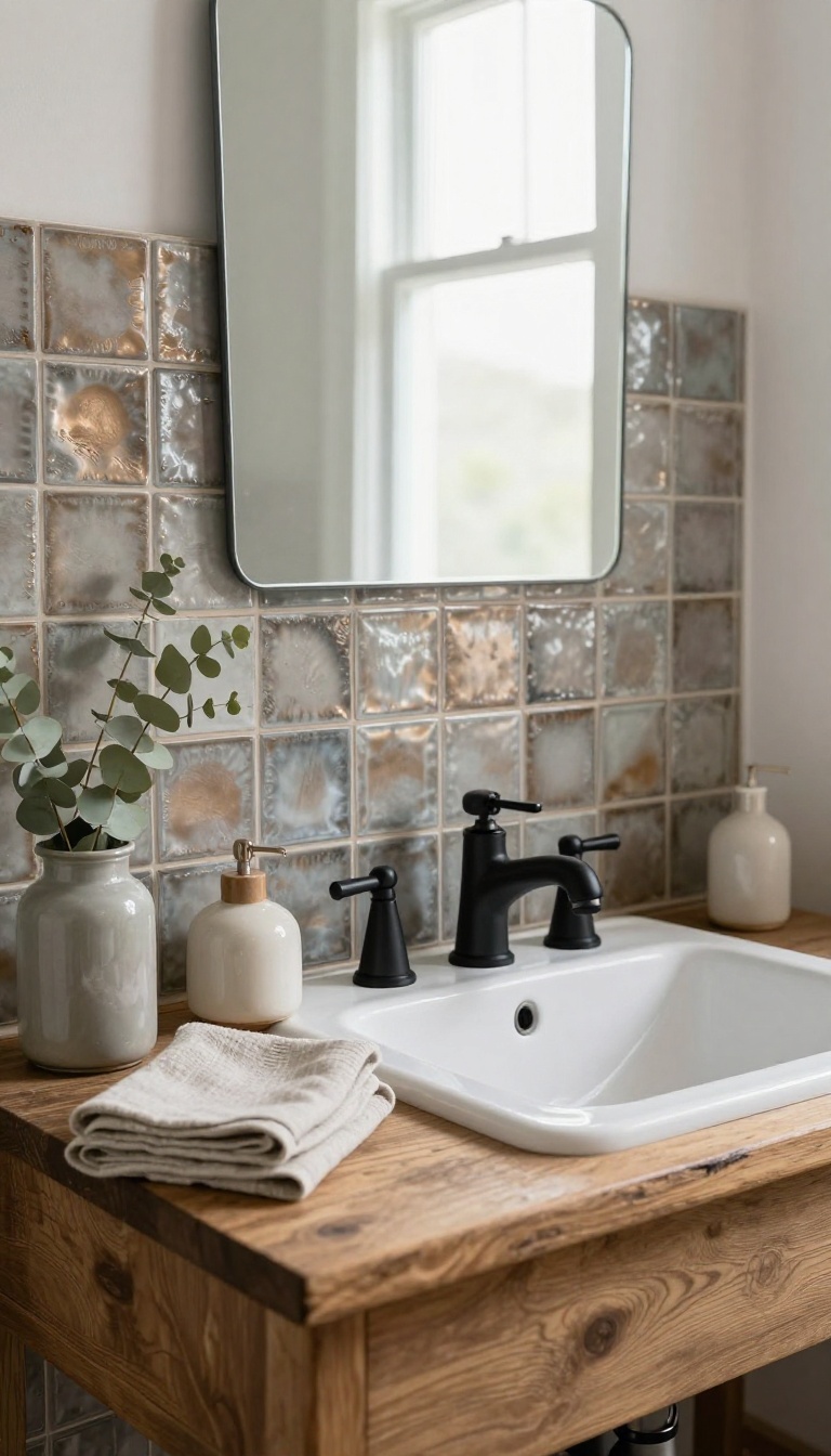 Rustic bathroom vanity with a vintage faux tin tile backsplash and warm natural light