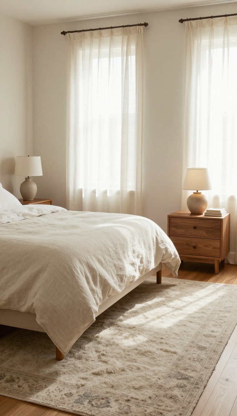 Elegant Pottery Barn style bedroom with a large plush wool area rug placed under the bed and nightstands, layered with a vintage-inspired patterned rug in soft natural light