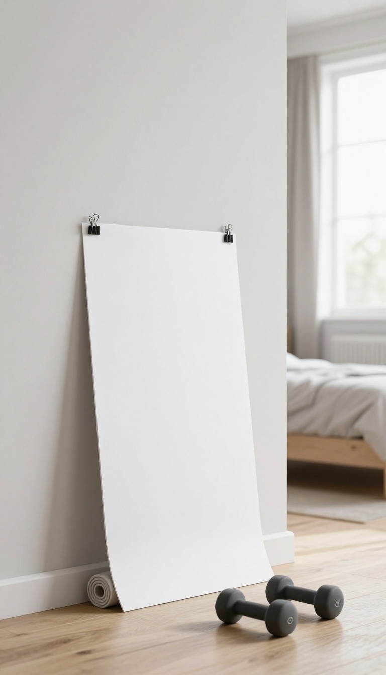 Small bedroom workout corner with a blank paper taped to the wall at eye level above a yoga mat and dumbbells in bright natural light