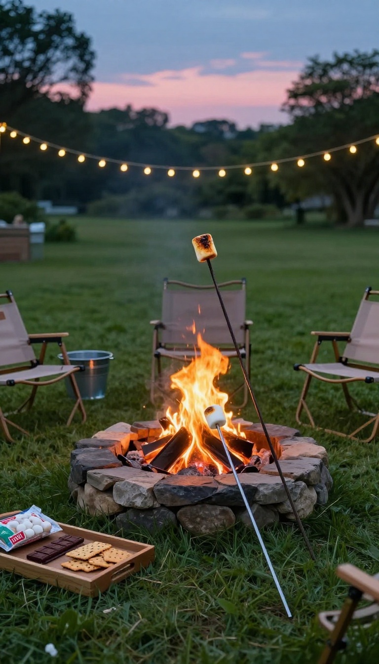Backyard fire pit with glowing flames, roasting sticks, and s'mores supplies set up on a lawn at dusk