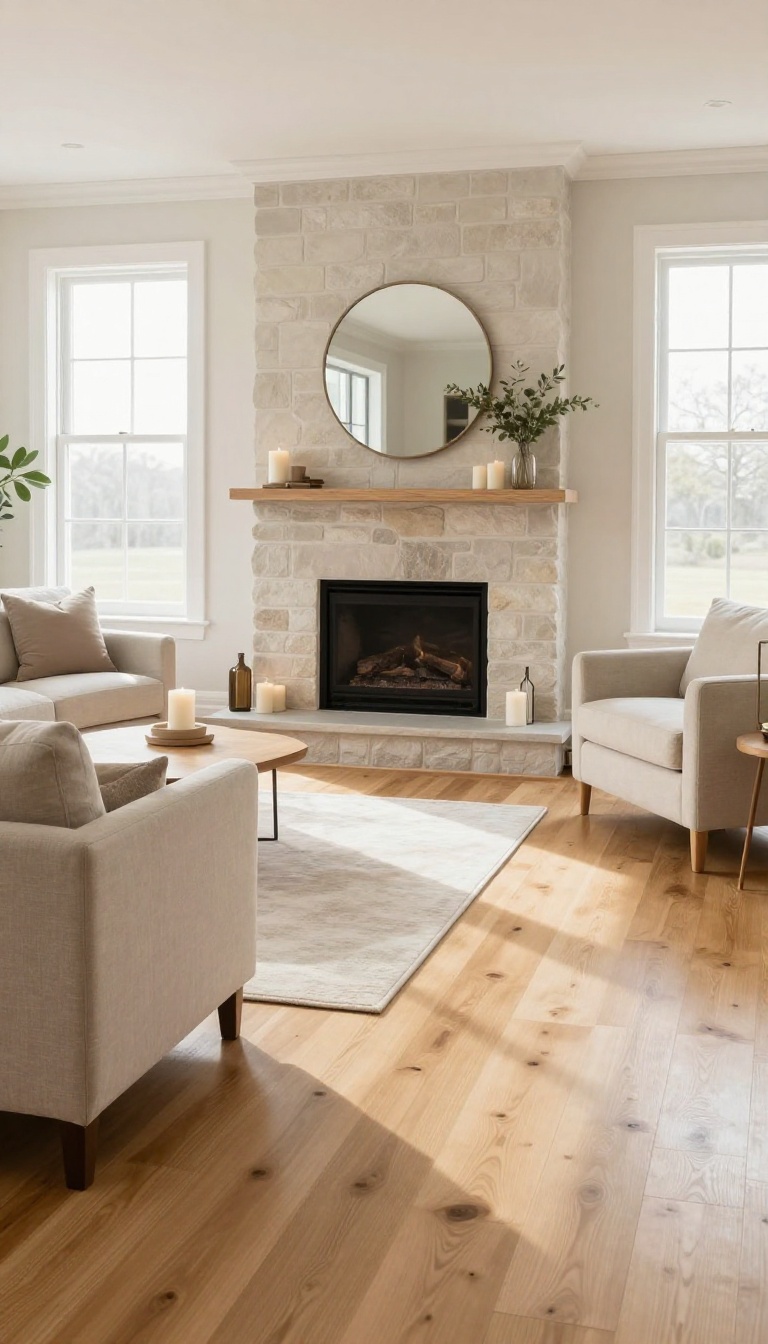 Bright living room with a stone fireplace as the focal point, a round mirror above the mantel, and neutral seating arranged around it