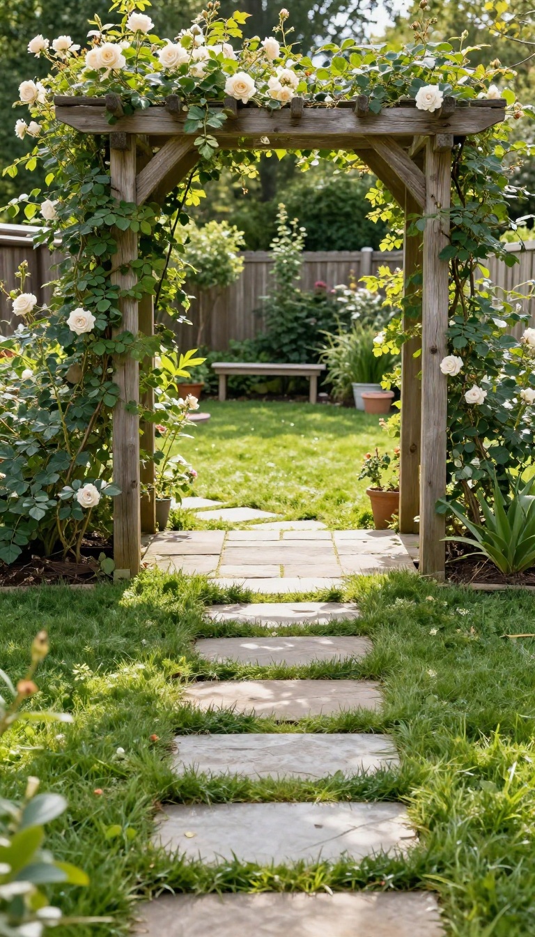 A wooden arbor covered in climbing roses and ivy arching over a garden path, separating a lawn from a patio area in a sunny backyard.
