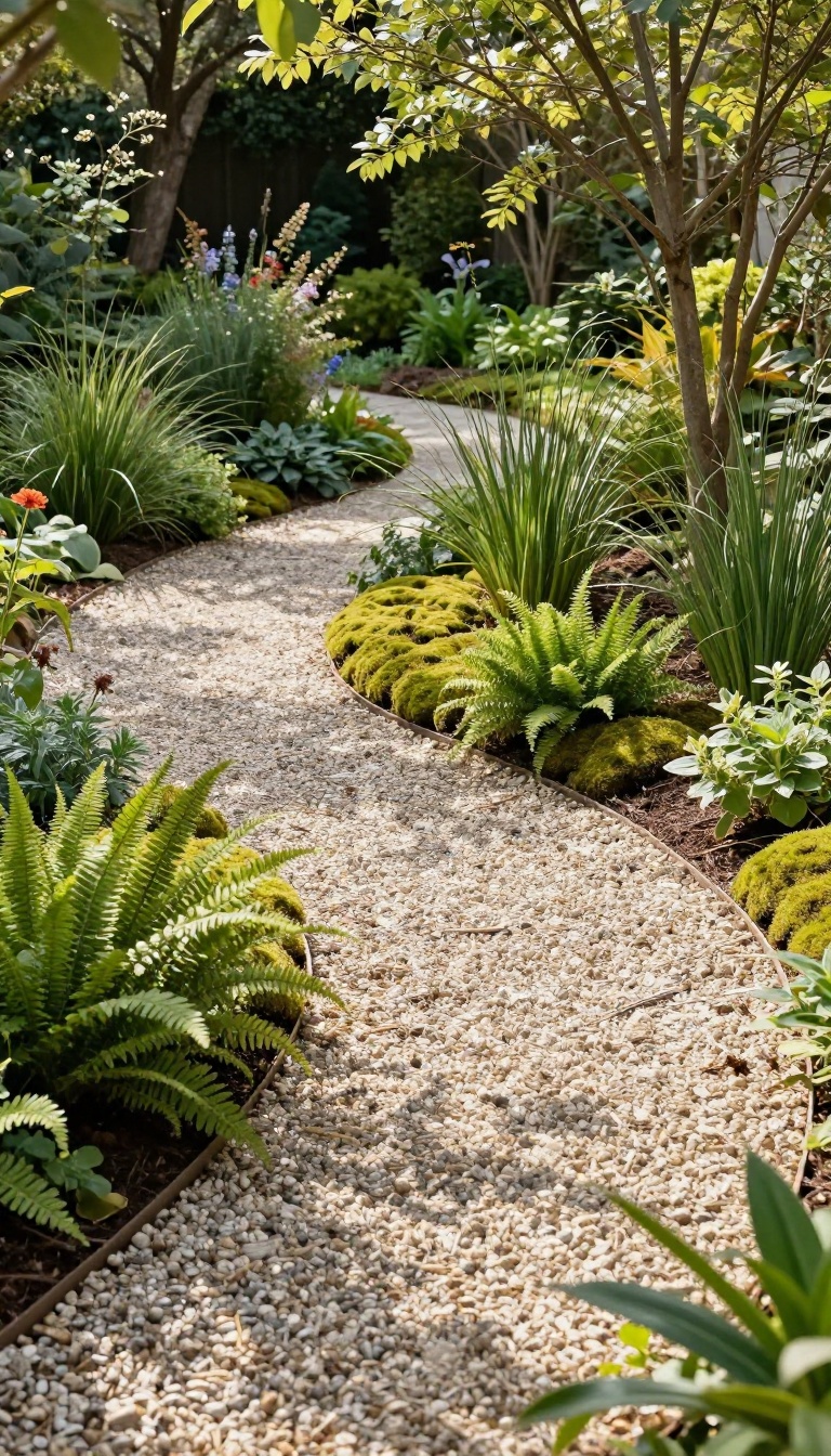 Curving gravel path meandering through a lush green backyard garden bordered by ferns and flowering plants in bright natural light