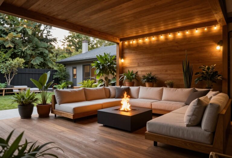Under deck patio with cozy seating and fire pit