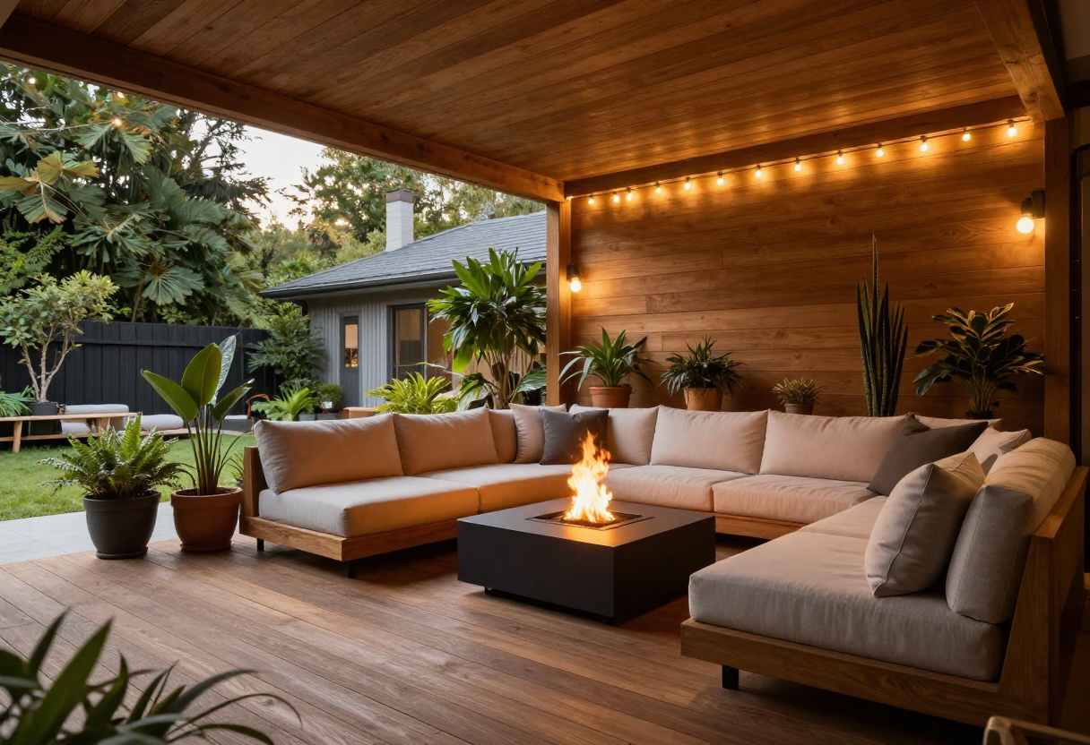 Under deck patio with cozy seating and fire pit