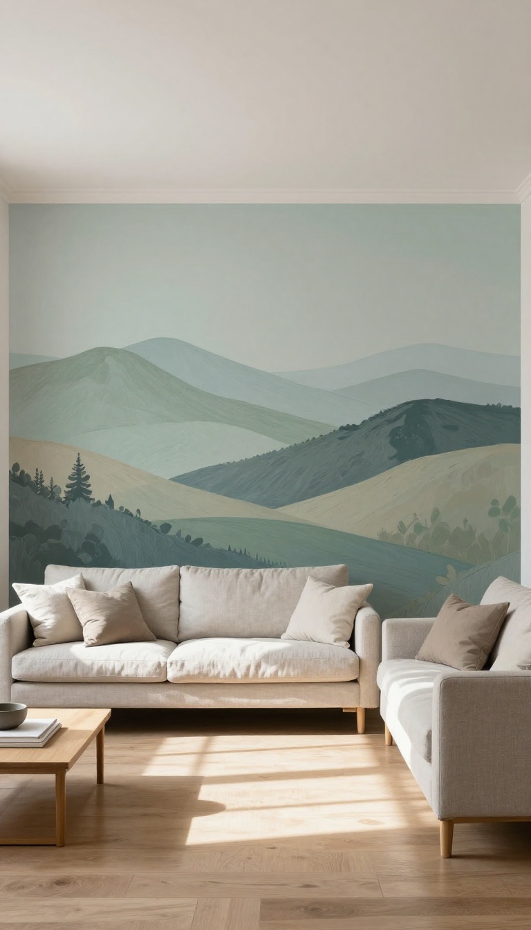 Sunlit living room with a soft muted mountain mural painted across one full wall, styled with a linen sofa and warm wood floors