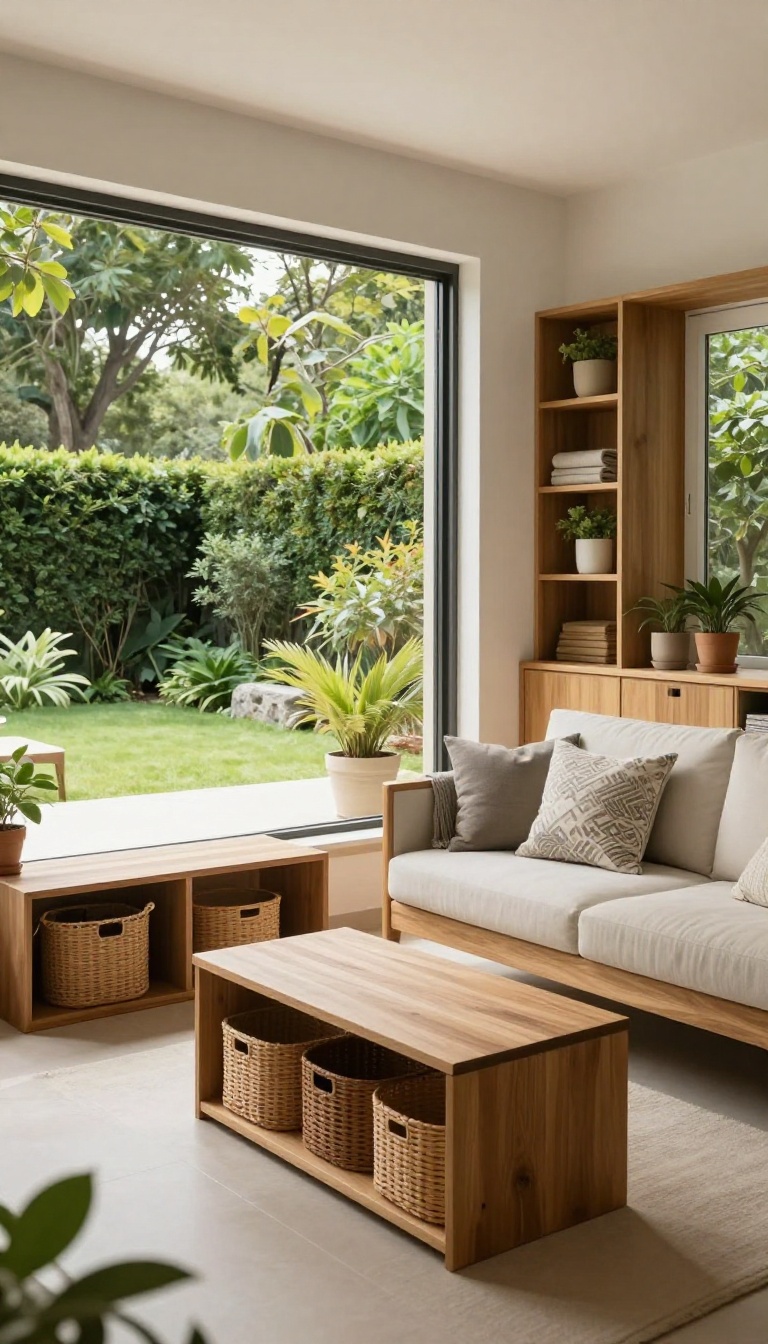 Enclosed patio with smart storage solutions, including a storage bench, sideboard, and floating shelves, keeping the space tidy and cozy.