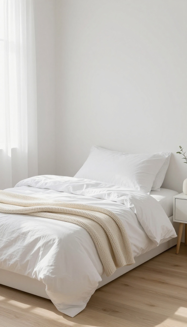 Small bright white bedroom with a chunky cream knit throw folded across the foot of a neatly made white bed in soft natural light