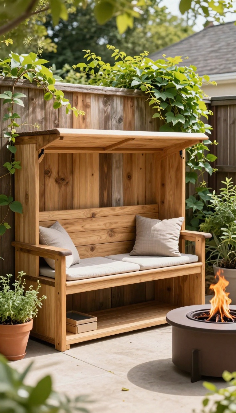 Built-in cedar bench with hidden storage along a backyard fence, surrounded by greenery and bright natural light