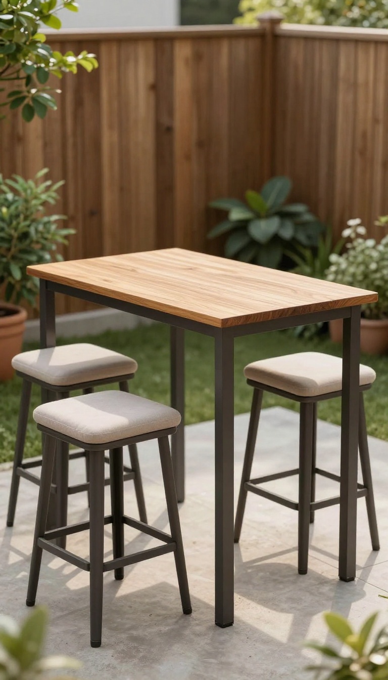Bar-height patio table and two stools on a small concrete patio with a view over a wooden fence in bright natural light
