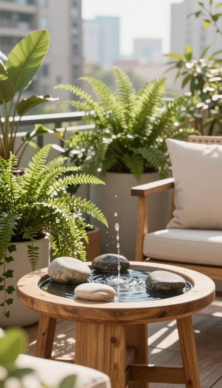 Apartment patio with a small water feature and plants, creating a calming urban retreat