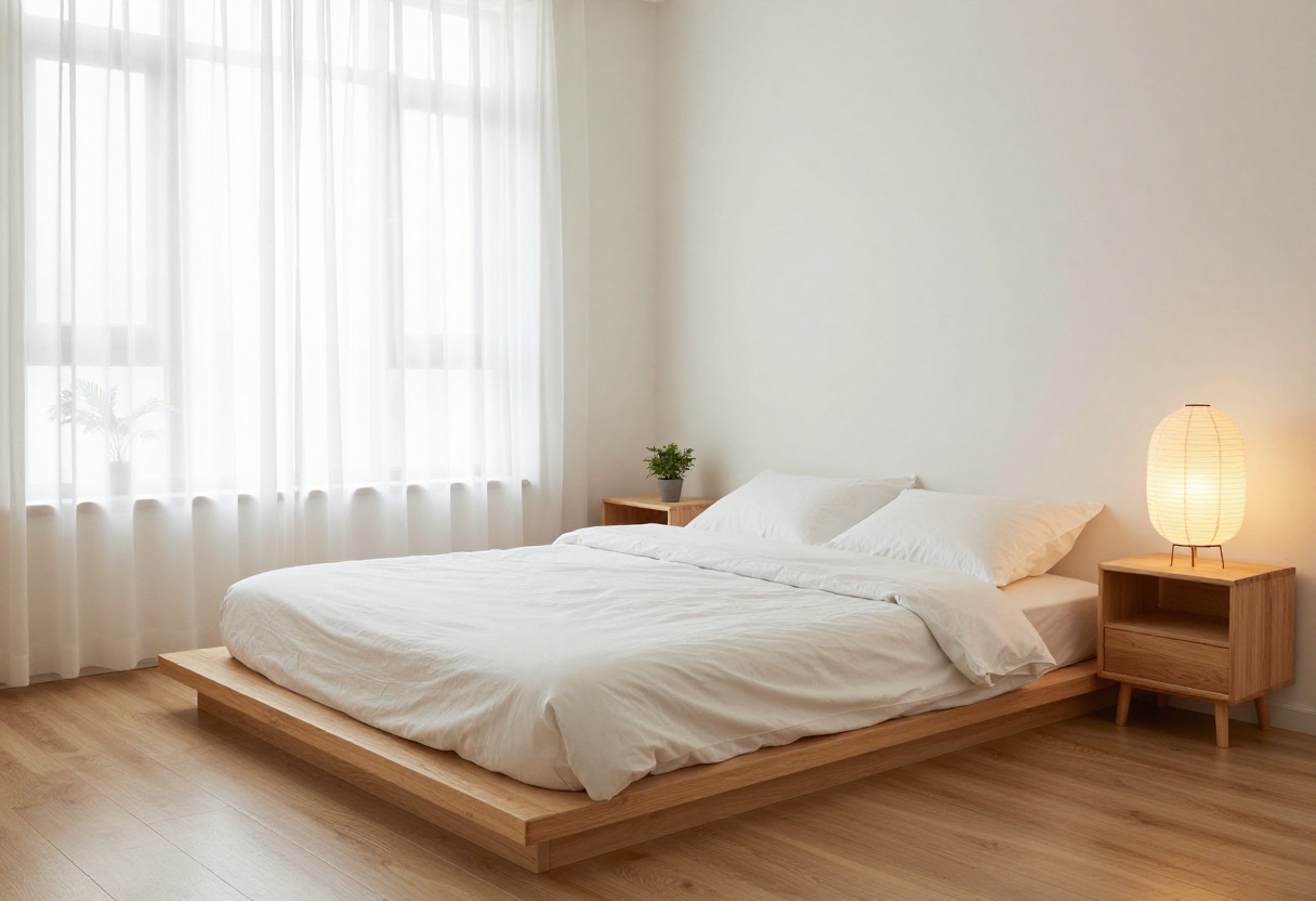 A cozy small bedroom with Korean-inspired decor, featuring a low bed, neutral colors, and natural light.