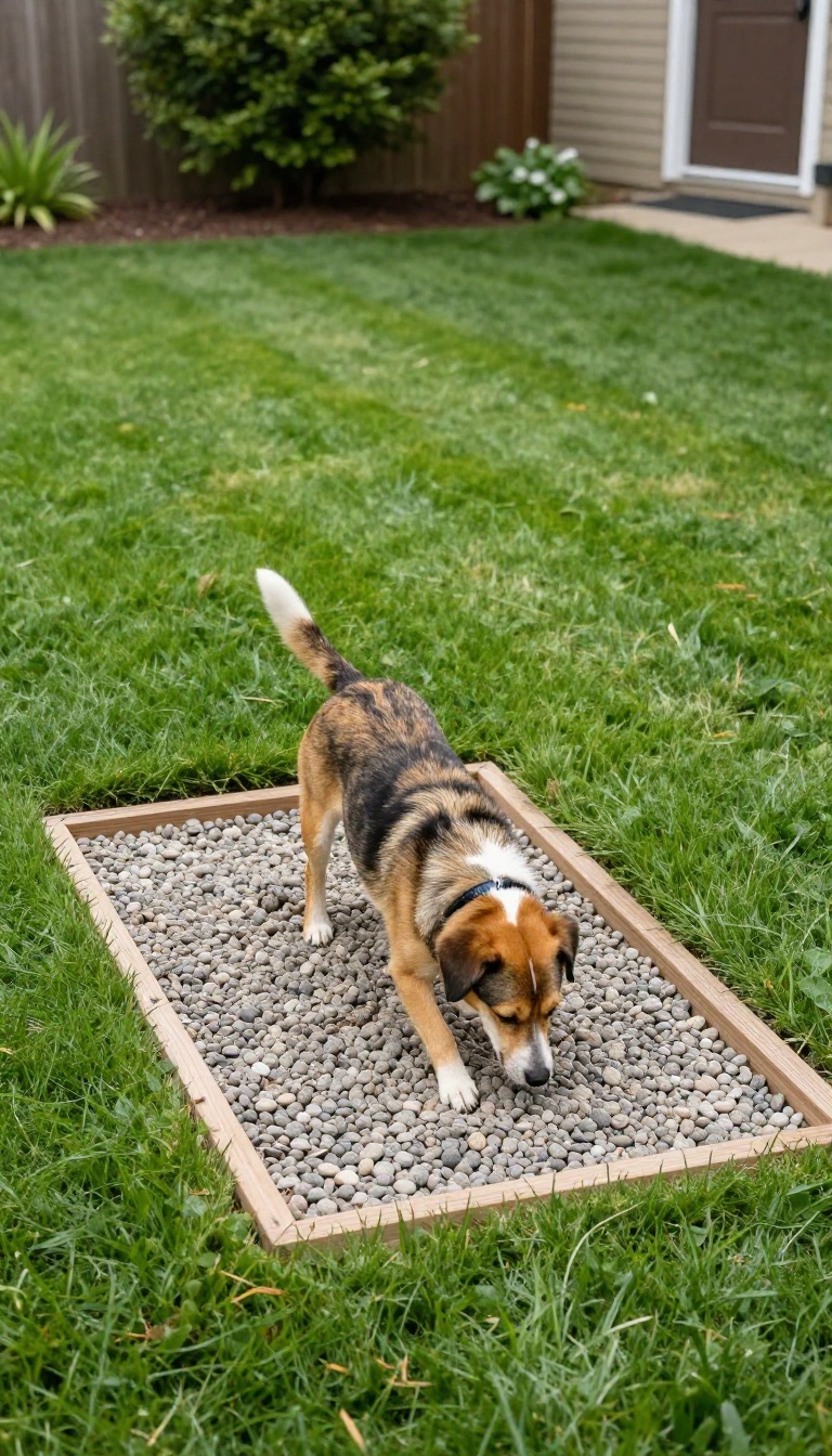 Small pea gravel dog potty patch bordered with wood edging in a sunny backyard corner