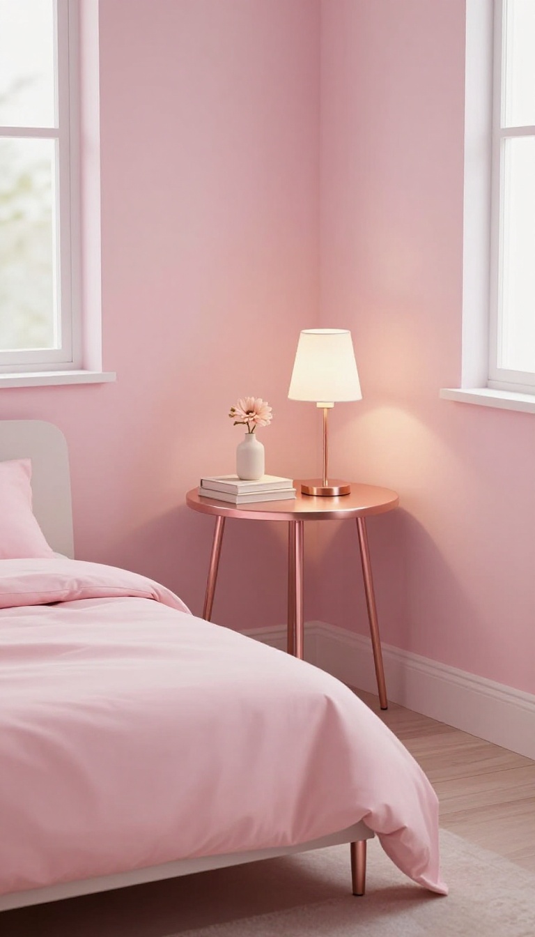 Small pink bedroom corner with a slim rose gold bedside table, a rose gold lamp with a white shade, and soft blush bedding in bright natural light