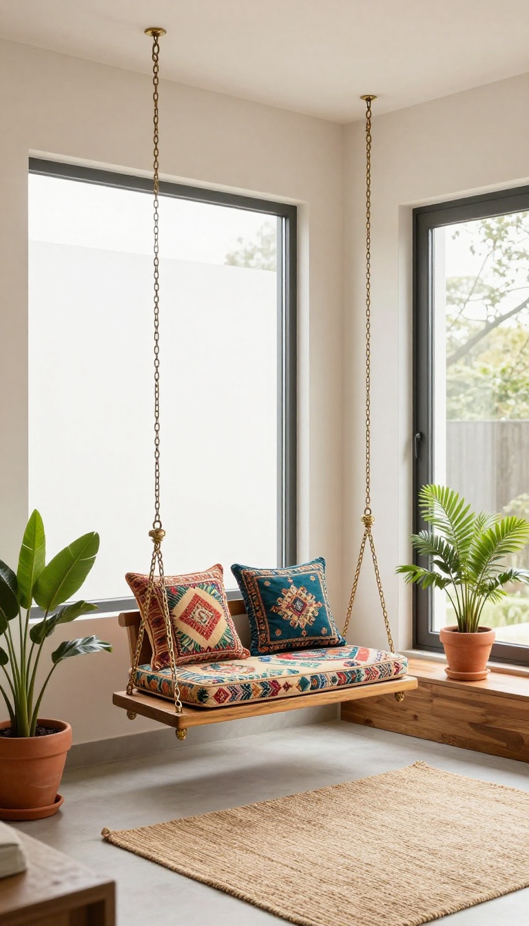 Traditional wooden jhula swing with colorful cushions in a bright modern Indian living room corner beside a sunlit window