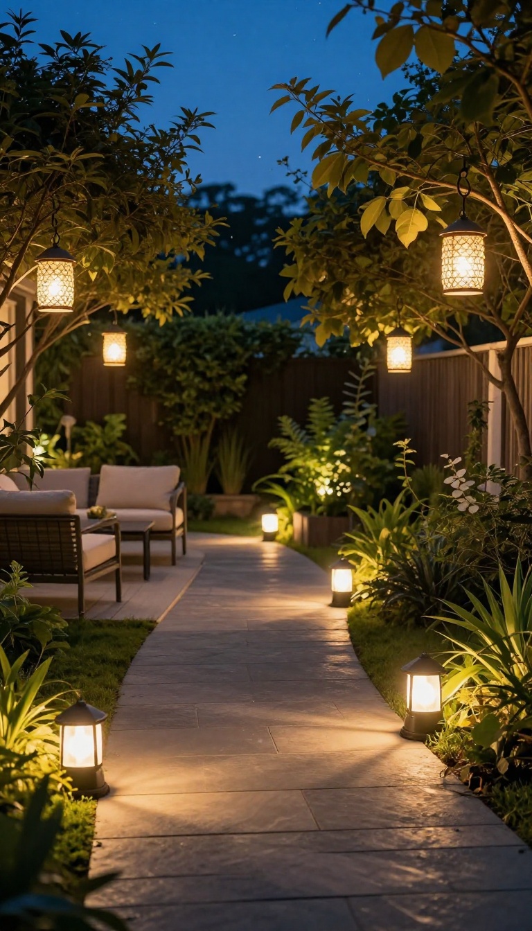 Backyard patio at dusk illuminated by warm solar stake lights along a curved walkway and hanging solar lanterns, creating a cozy outdoor living space
