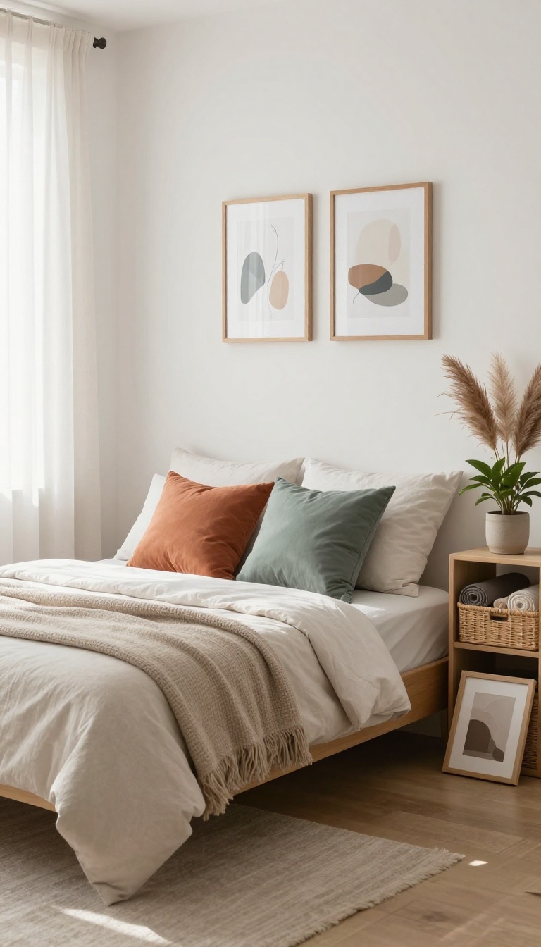 Bright small couple's bedroom with matching frames, layered throws, plants, and a storage bin of rotating decor under the bed