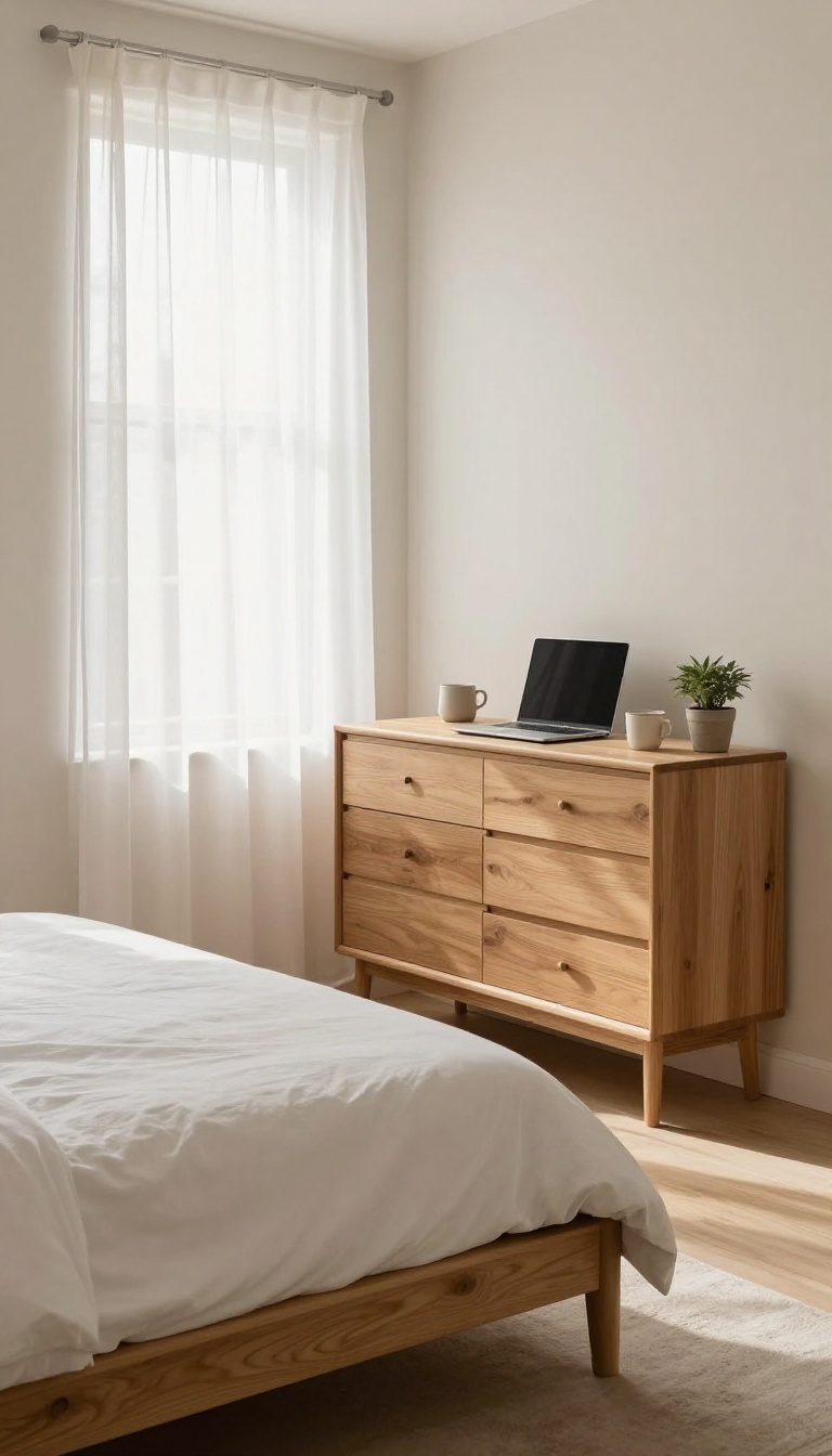 Small couple's bedroom with a slim shallow console dresser doubling as a compact desk, keeping the floor open and bright