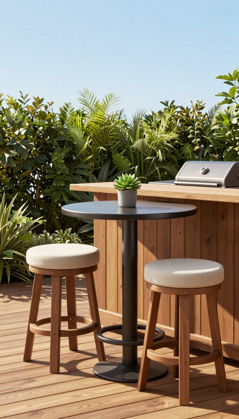 Bar-height table and stools on a sunny patio with plants and a grill in the background