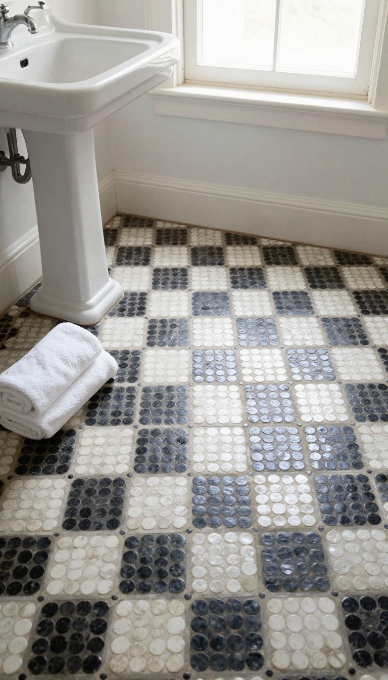Black and white penny tile bathroom floor arranged in a retro checkerboard pattern with a vintage pedestal sink