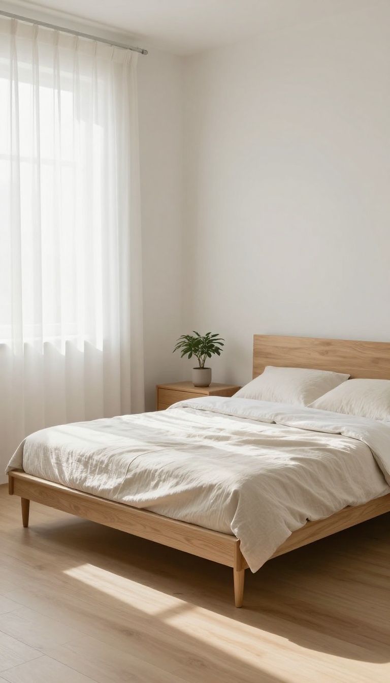 Small Korean-style bedroom with a low wooden platform bed and low dresser, bright natural light and calm minimalist decor
