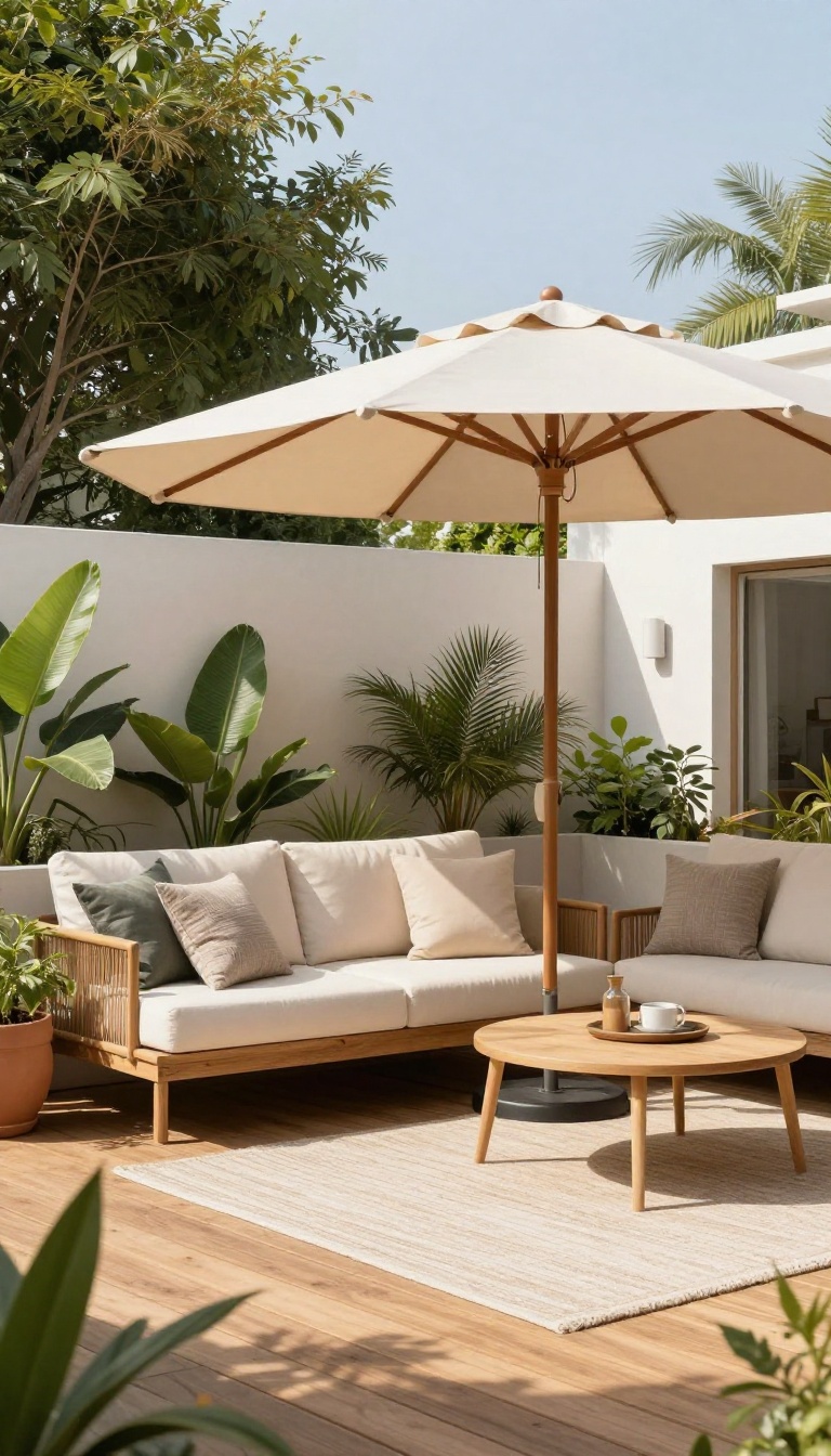 Back patio with a cantilever umbrella and cozy seating area
