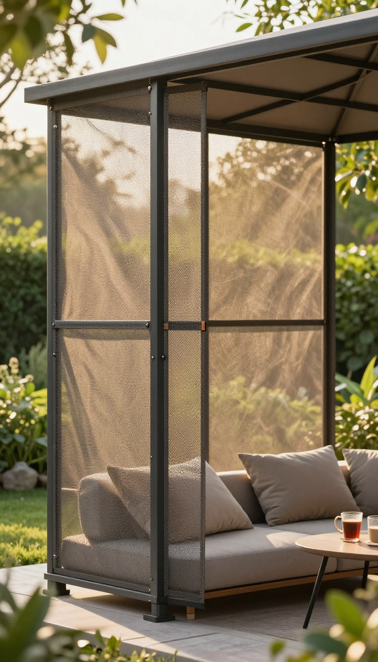 Screened gazebo with magnetic closure mesh panels in a sunny backyard garden with cozy outdoor seating