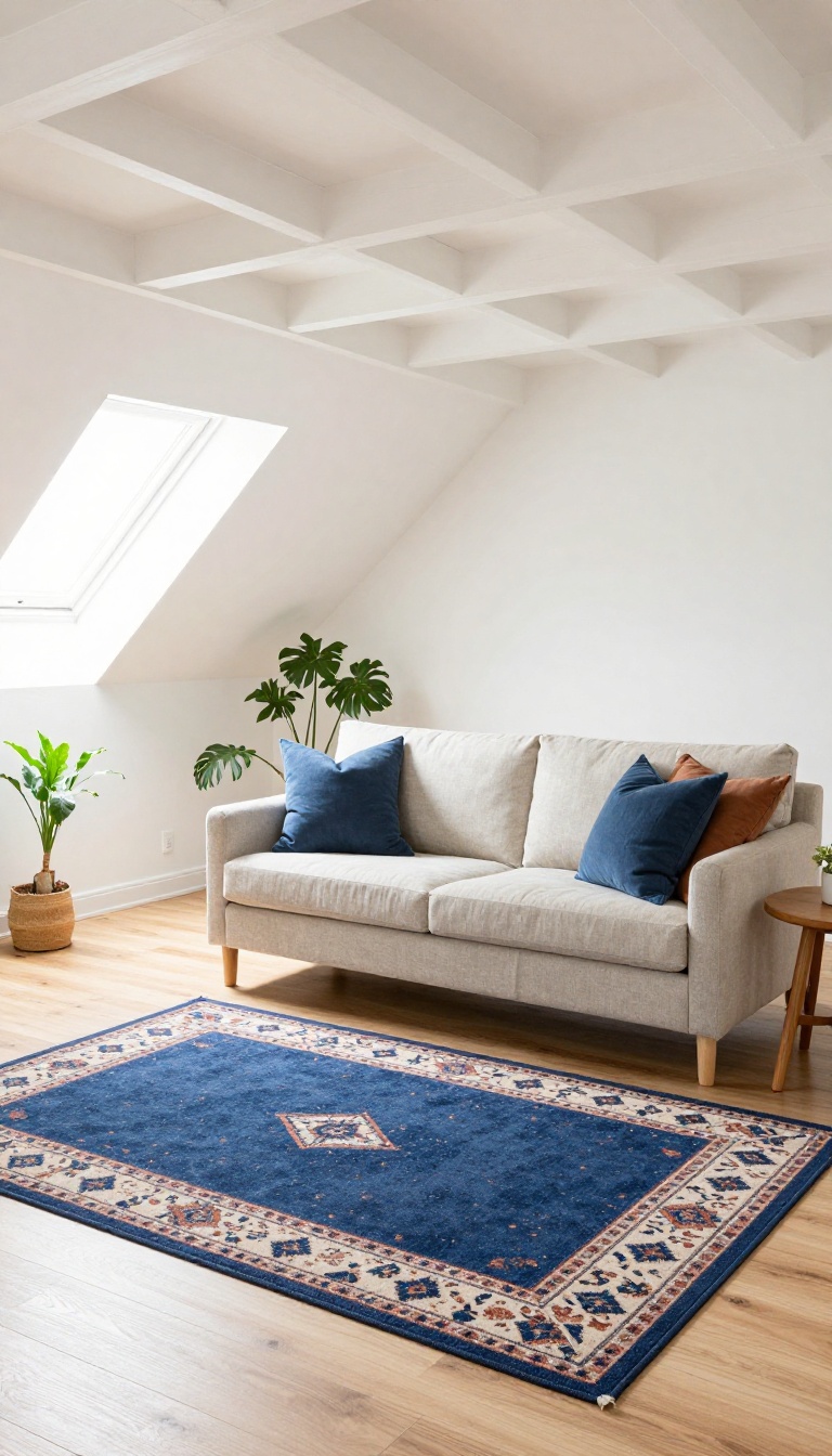Bright attic living room with sloped ceilings and a large bold patterned area rug anchoring a neutral sofa and armchairs under natural light