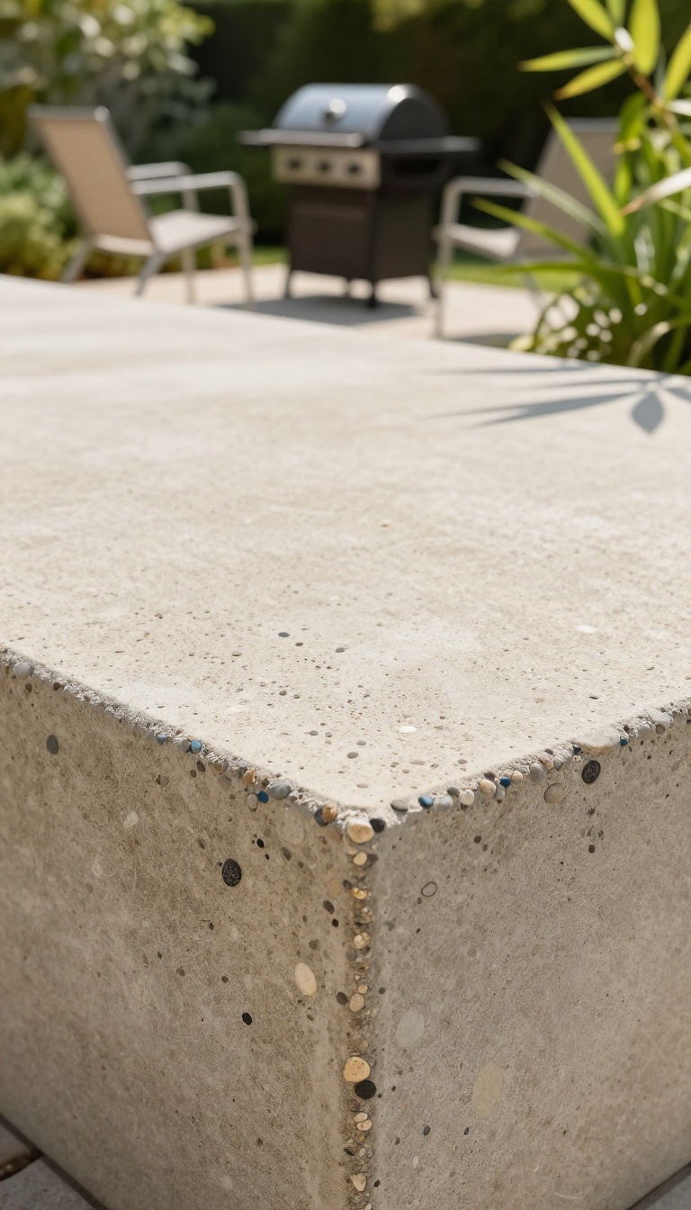 Backyard patio with an exposed aggregate concrete pad surrounded by greenery and outdoor furniture
