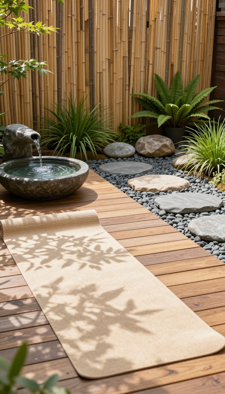Peaceful backyard zen meditation corner with a wooden deck, yoga mat, bubbling fountain, river rocks, and bamboo screen in soft morning light