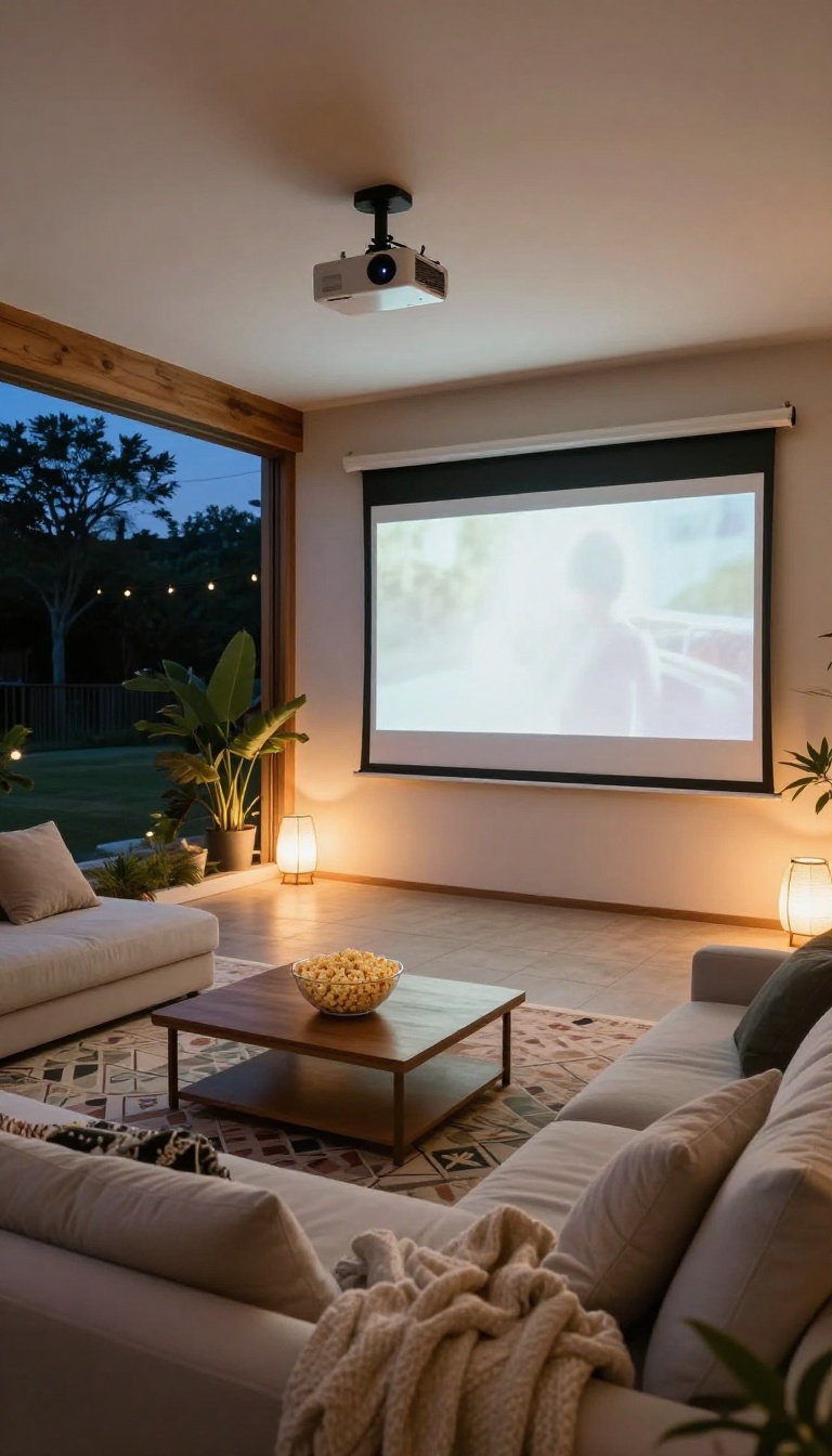 Cozy enclosed patio with ceiling-mounted projector and movie screen for outdoor movie nights
