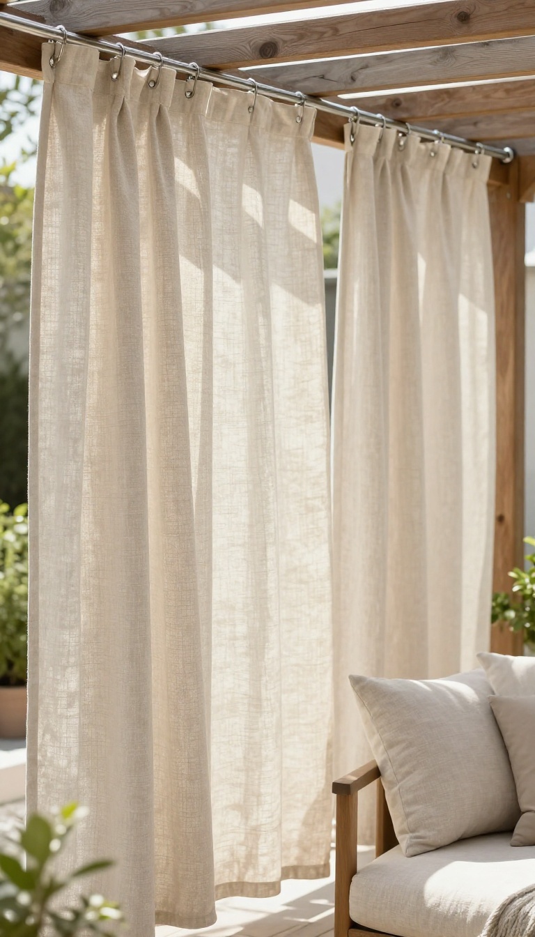 Outdoor curtains hung from a wooden pergola on a bright backyard patio, creating flexible privacy for a peaceful retreat