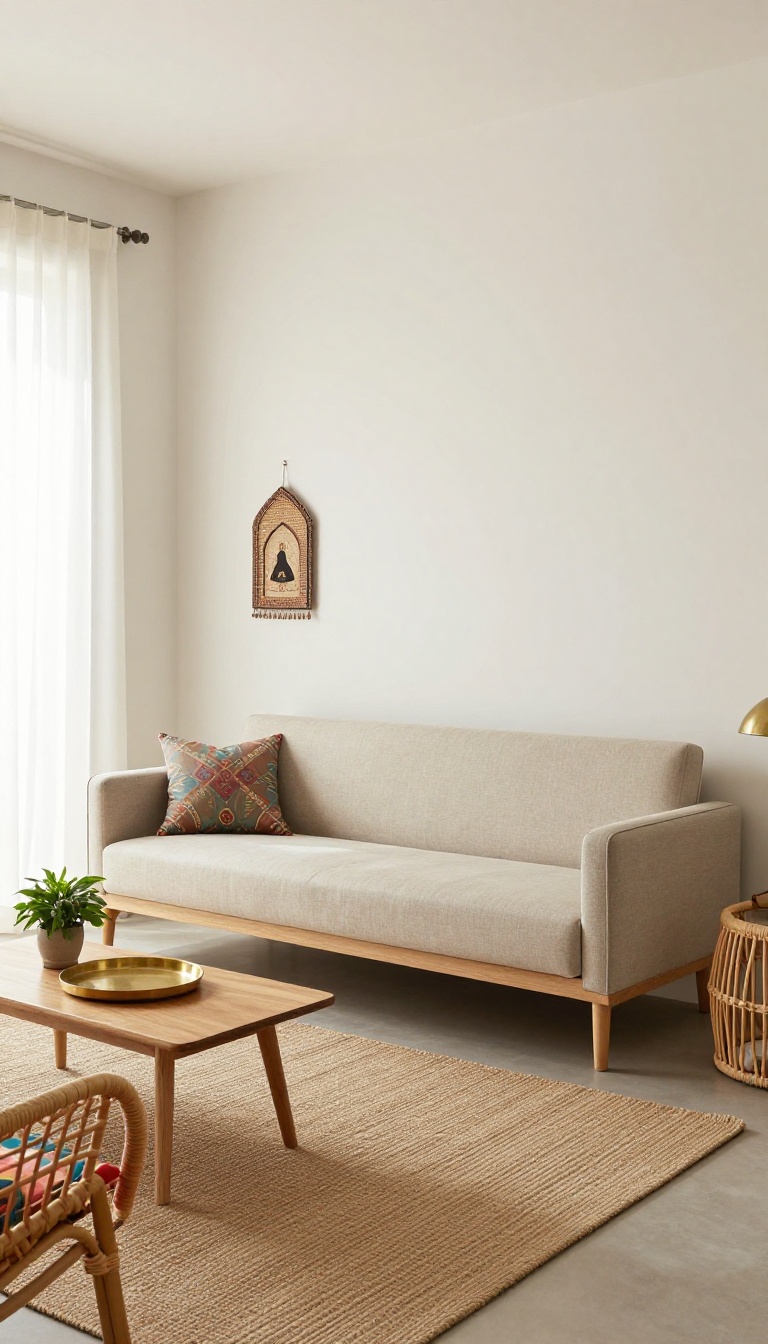 Small Indian living room with a slim low-profile sofa, lightweight chairs, and floor cushions