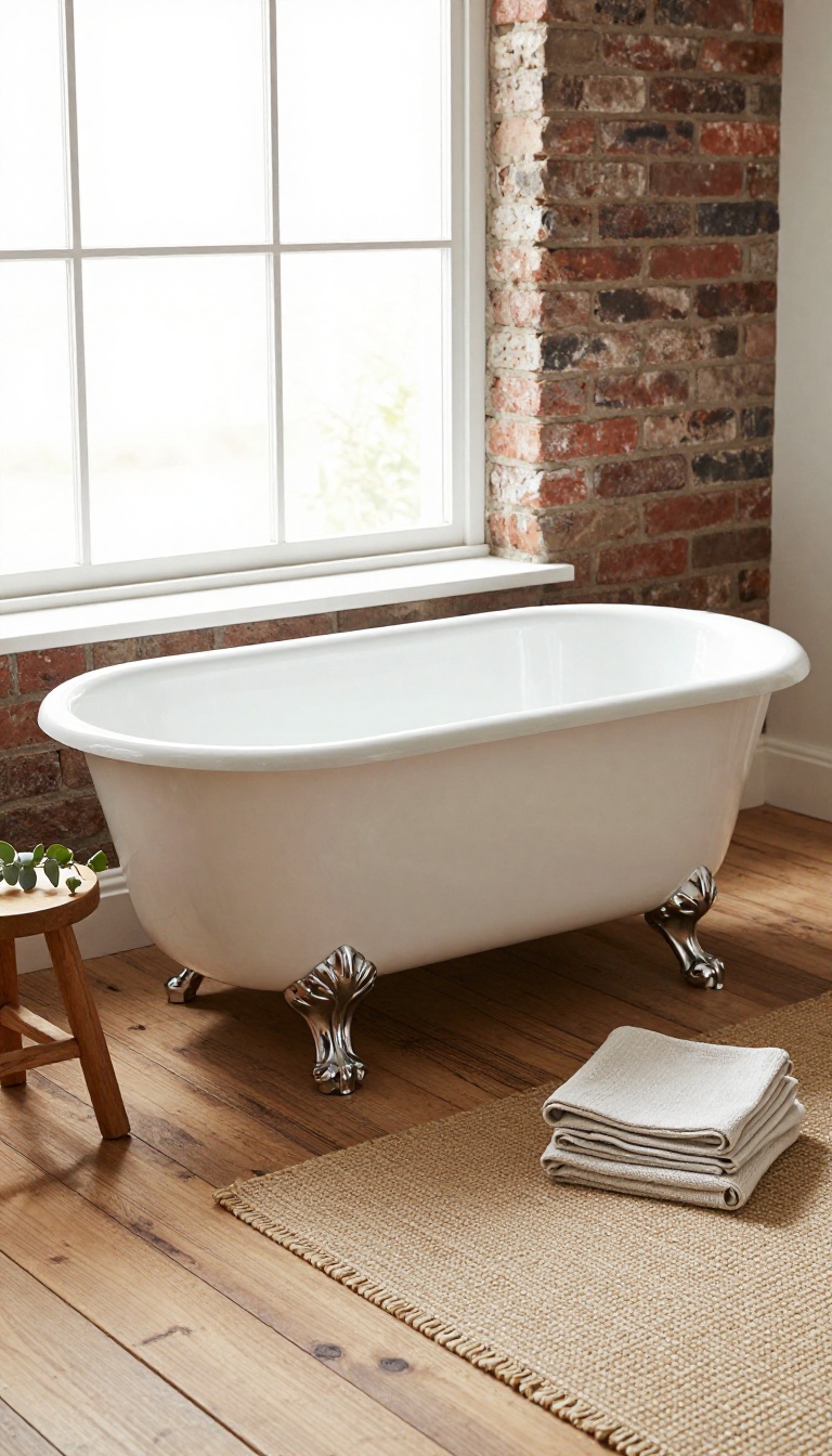 Refinished vintage clawfoot tub in a bright rustic bathroom with wood floors and brick walls