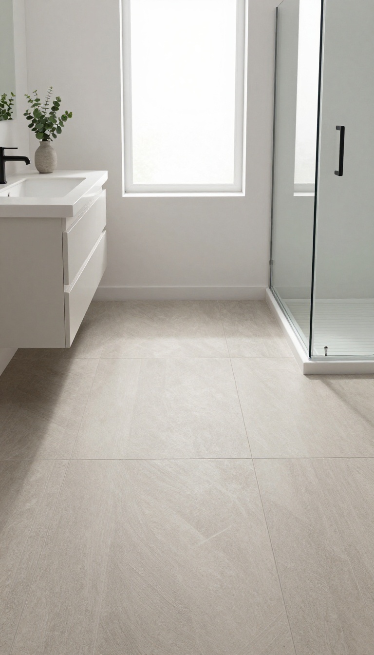 Small bright bathroom with large-format porcelain floor tiles and minimal grout lines creating a seamless continuous floor