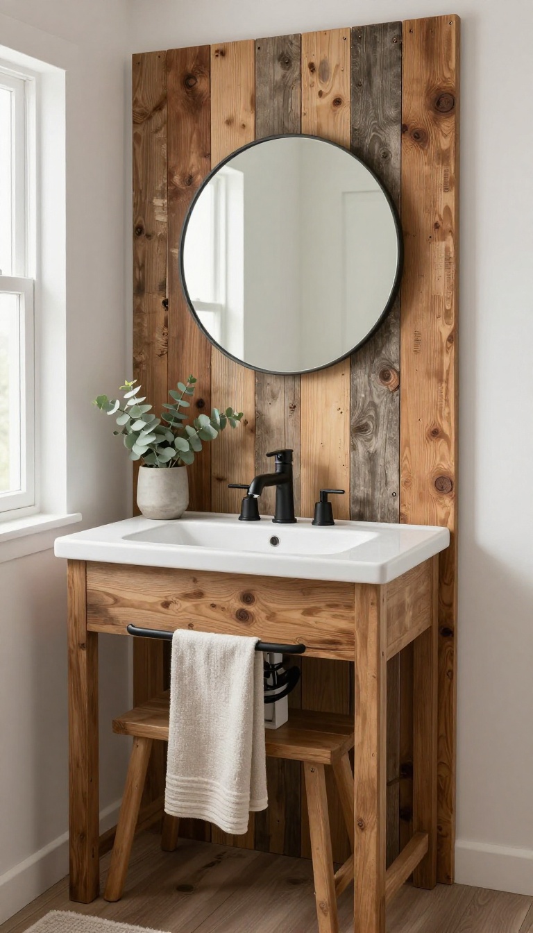 Small rustic bathroom with a reclaimed wood accent wall behind a compact vanity sink and round mirror in bright natural light