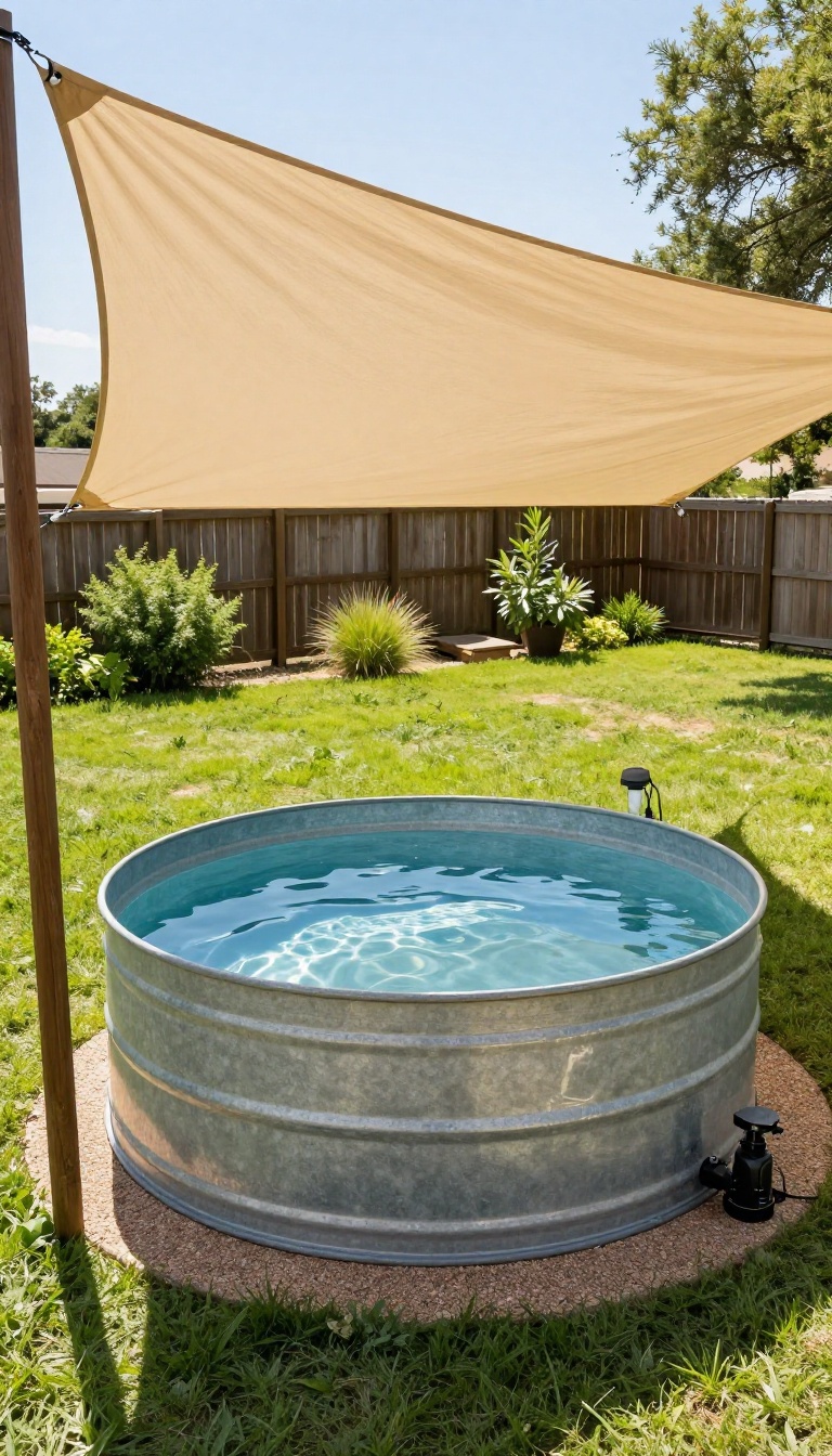 Galvanized stock tank pool with a shade sail overhead in a sunny Texas backyard