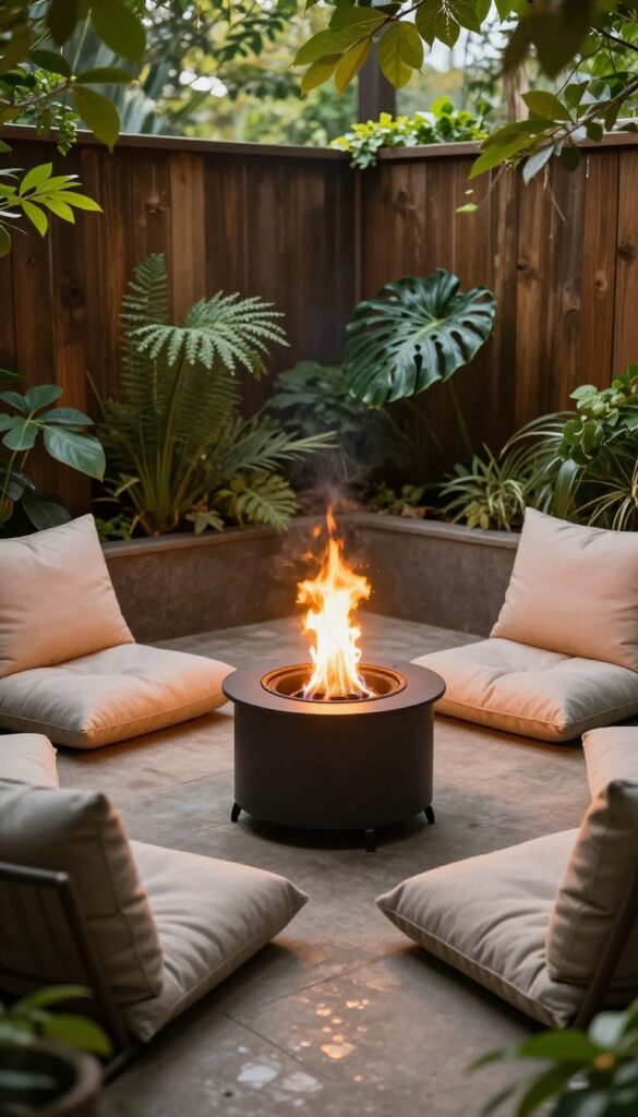 A cozy corner patio with a compact fire pit and seating for intimate gatherings.