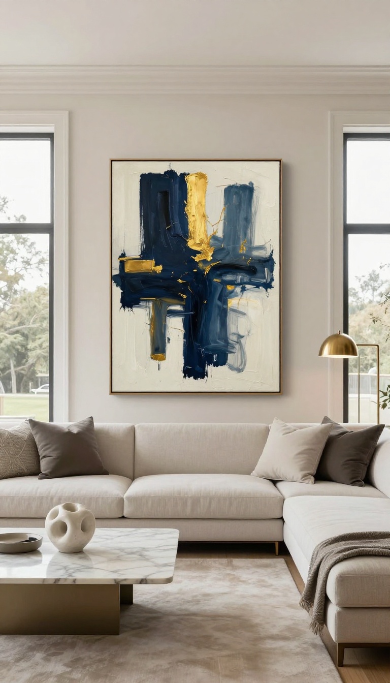 Modern luxury living room with a large abstract canvas hung above a low sofa in bright natural light