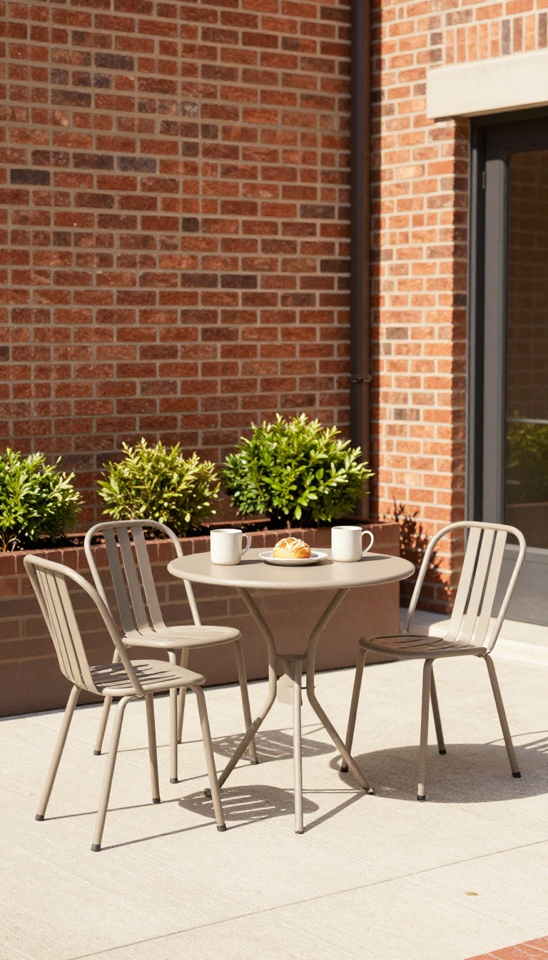 Small round bistro table with two tucked-in chairs on a compact sunlit townhome patio, holding two coffee mugs and a small plate