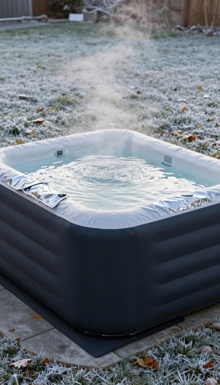 Inflatable hot tub on a foam insulation mat with a thermal cover in a cold backyard, steam rising in bright winter light